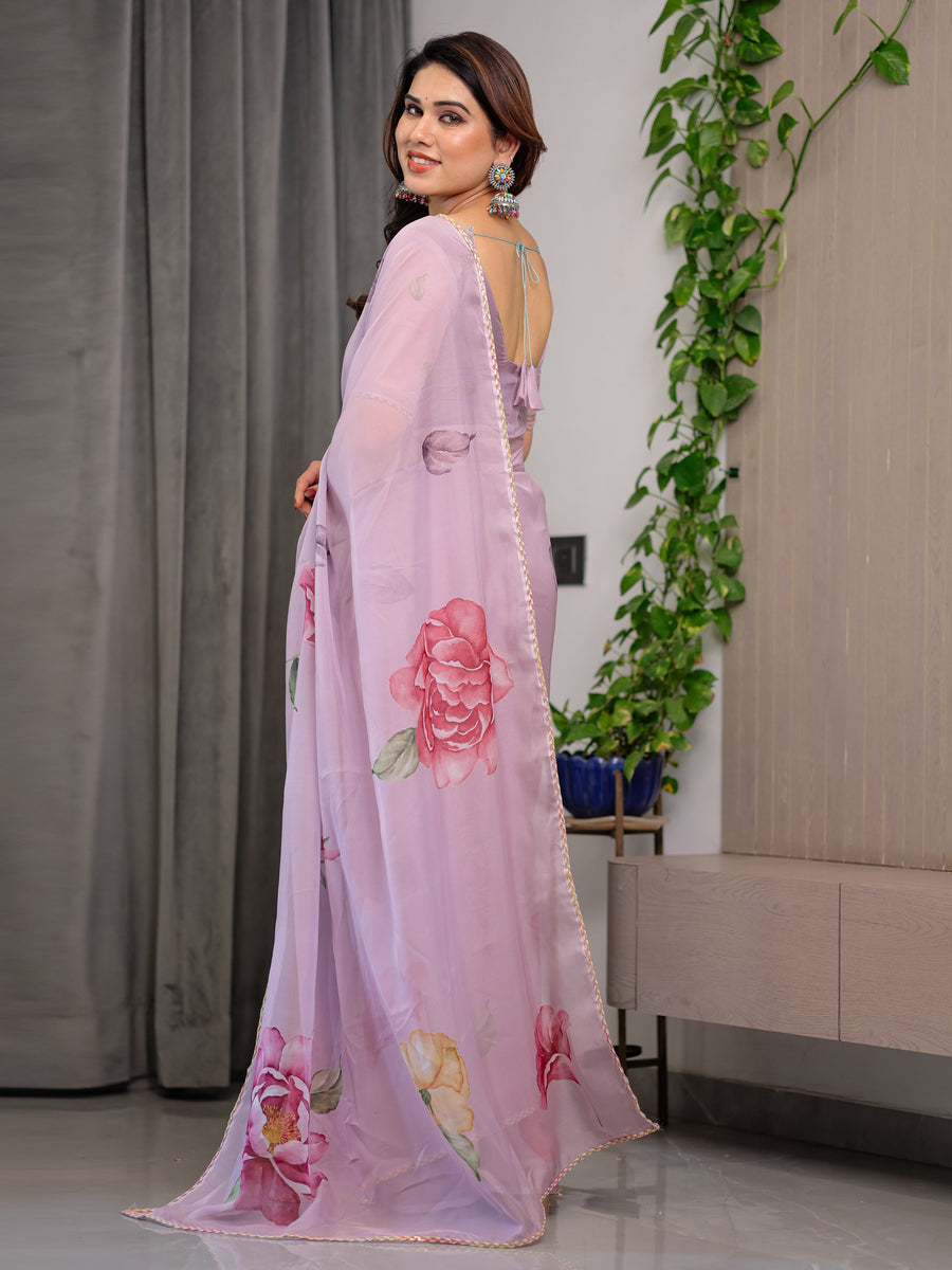 Dusty Rose Pink Floral Printed Organza Saree with Watercolour Rose Motifs | Designer Lightweight Sheer Organza Saree with Attached Blouse | Festive & Party Wear Saree