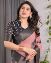 Blush Pink Handloom Linen Saree with Artistic Bearded Face Pallu Print & Black Zari Border | Attached Blouse | 5.5m Saree + 0.8m Blouse
