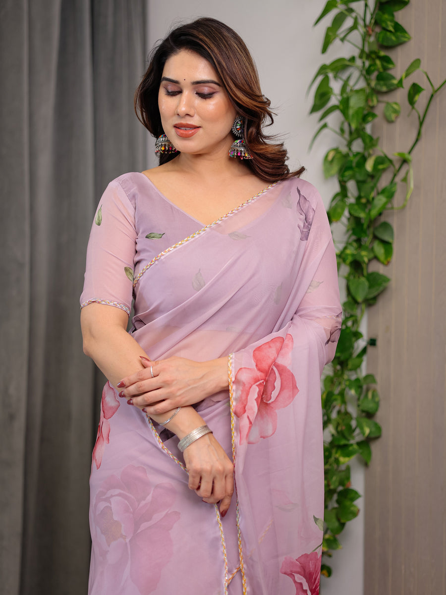 Dusty Rose Pink Floral Printed Organza Saree with Watercolour Rose Motifs | Designer Lightweight Sheer Organza Saree with Attached Blouse | Festive & Party Wear Saree
