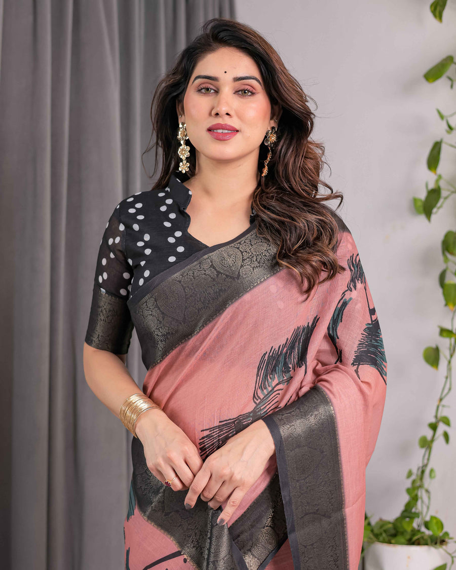 Blush Pink Handloom Linen Saree with Artistic Bearded Face Pallu Print & Black Zari Border | Attached Blouse | 5.5m Saree + 0.8m Blouse