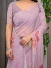 Dusty Rose Pink Floral Printed Organza Saree with Watercolour Rose Motifs | Designer Lightweight Sheer Organza Saree with Attached Blouse | Festive & Party Wear Saree