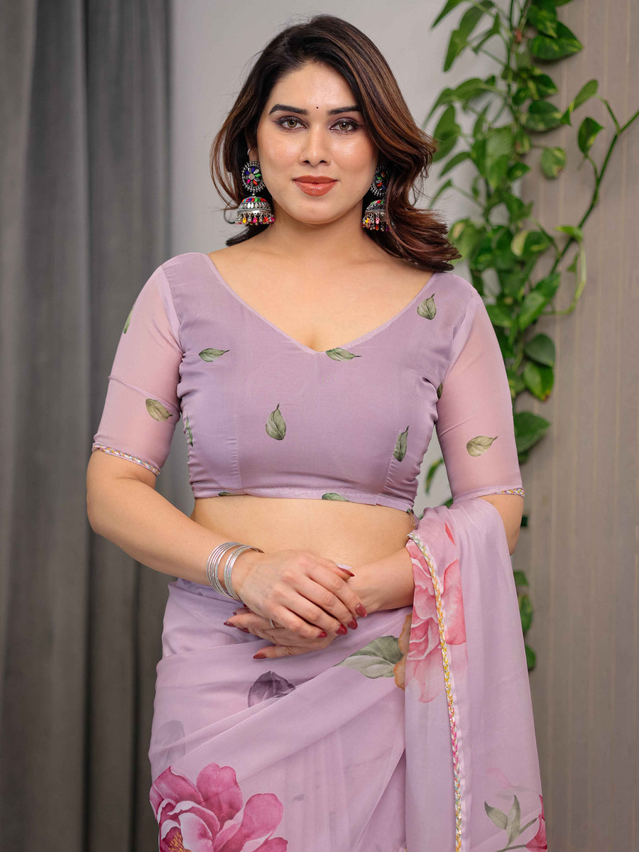 Dusty Rose Pink Floral Printed Organza Saree with Watercolour Rose Motifs | Designer Lightweight Sheer Organza Saree with Attached Blouse | Festive & Party Wear Saree