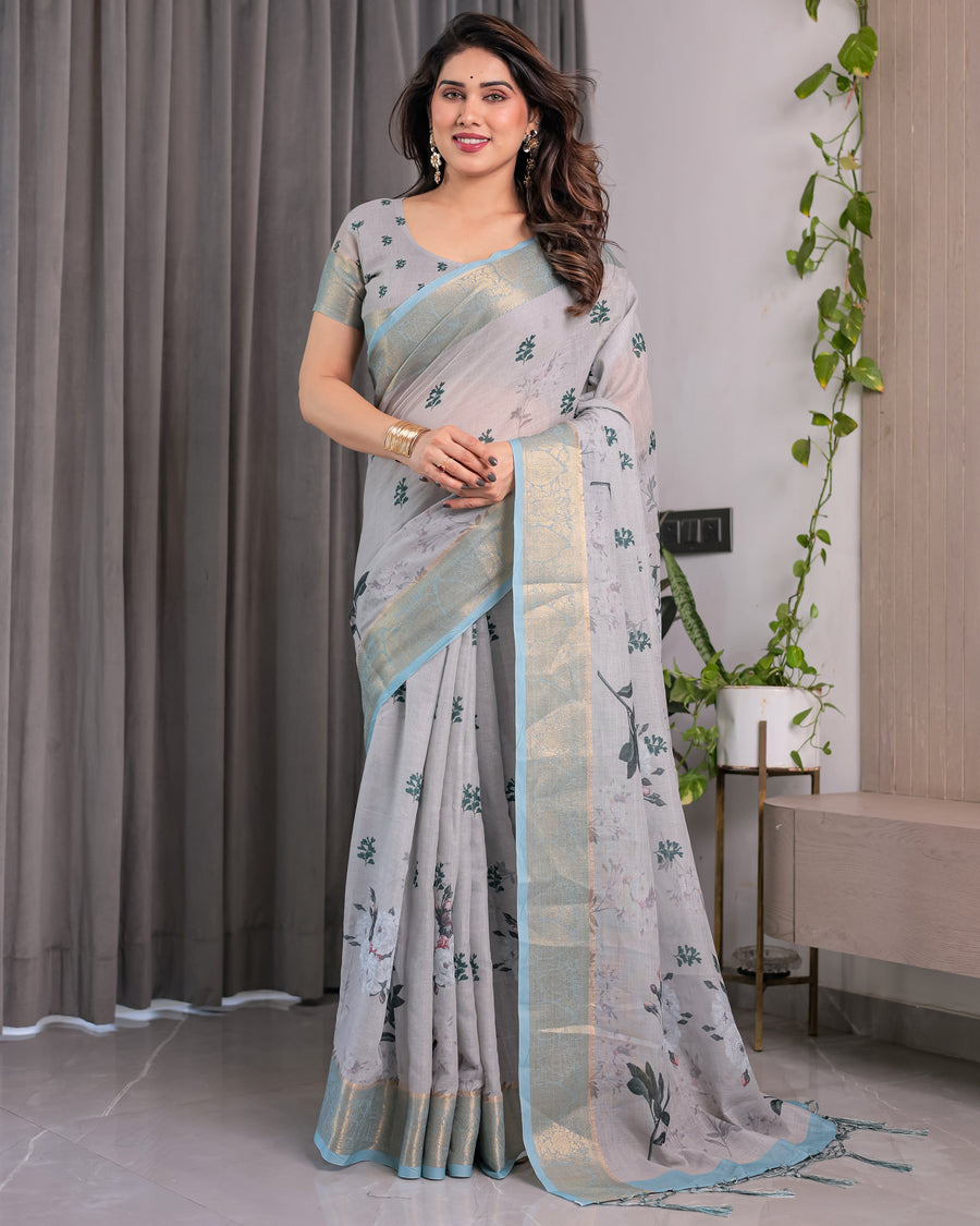 Ice Grey Handloom Linen Saree with Floral Print, Gold Zari Border & Tassel Detailing | Attached Blouse Piece | 5.5m Saree + 0.8m Blouse