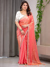 Coral Peach Fendy Satin Saree with Pearl Lace Border & Tassels | Premium Shimmer Satin Saree with Heavy Embroidered Designer Blouse | Zari Floral Embroidery Blouse Saree for Wedding & Festive Wear