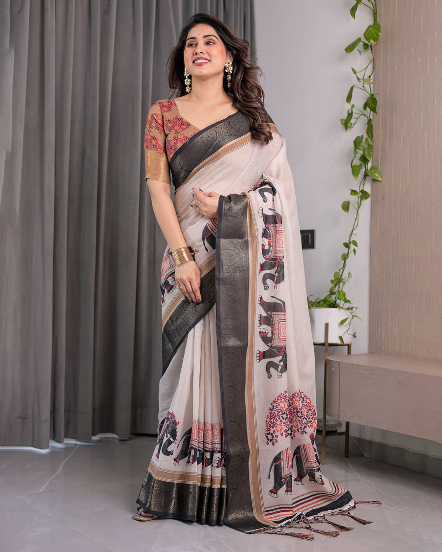 Multicolor Floral Linen Saree for Women | Traditional Indian Festive Wear – Artisan Festive Drape