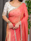 Coral Peach Fendy Satin Saree with Pearl Lace Border & Tassels | Premium Shimmer Satin Saree with Heavy Embroidered Designer Blouse | Zari Floral Embroidery Blouse Saree for Wedding & Festive Wear