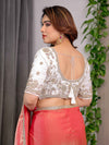 Coral Peach Fendy Satin Saree with Pearl Lace Border & Tassels | Premium Shimmer Satin Saree with Heavy Embroidered Designer Blouse | Zari Floral Embroidery Blouse Saree for Wedding & Festive Wear