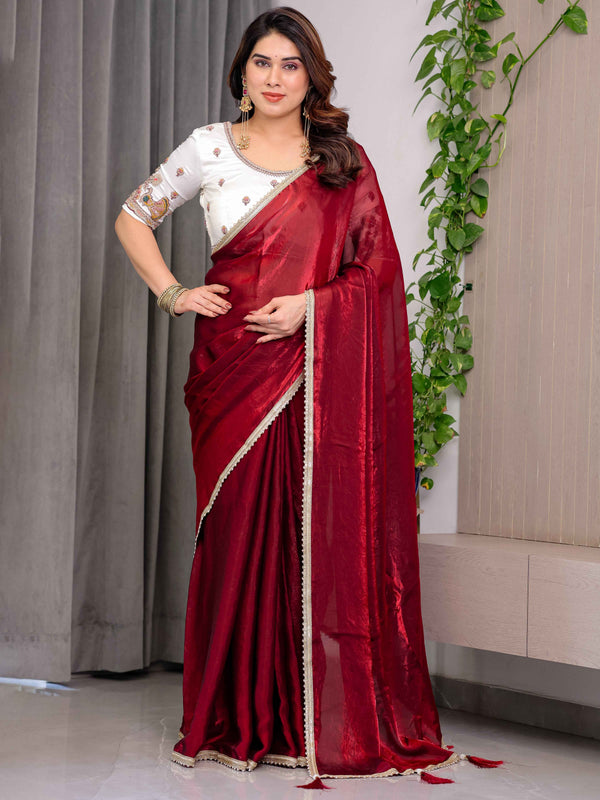 Wine Red Fendy Satin Saree with Pearl Lace Border & Tassel Pallu | Premium Shimmer Satin Saree with Heavy Embroidered Designer Peacock Blouse | Zari Floral Embroidery Blouse Saree for Wedding & Festive Wear
