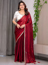Wine Red Fendy Satin Saree with Pearl Lace Border & Tassel Pallu | Premium Shimmer Satin Saree with Heavy Embroidered Designer Peacock Blouse | Zari Floral Embroidery Blouse Saree for Wedding & Festive Wear