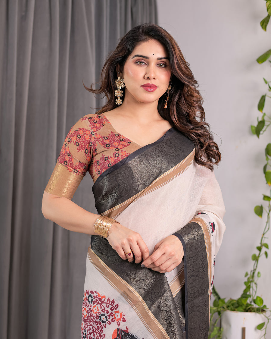 Multicolor Floral Linen Saree for Women | Traditional Indian Festive Wear – Artisan Festive Drape