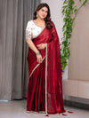 Wine Red Fendy Satin Saree with Pearl Lace Border & Tassel Pallu | Premium Shimmer Satin Saree with Heavy Embroidered Designer Peacock Blouse | Zari Floral Embroidery Blouse Saree for Wedding & Festive Wear