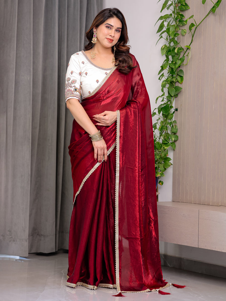 Wine Red Fendy Satin Saree with Pearl Lace Border & Tassel Pallu | Premium Shimmer Satin Saree with Heavy Embroidered Designer Peacock Blouse | Zari Floral Embroidery Blouse Saree for Wedding & Festive Wear