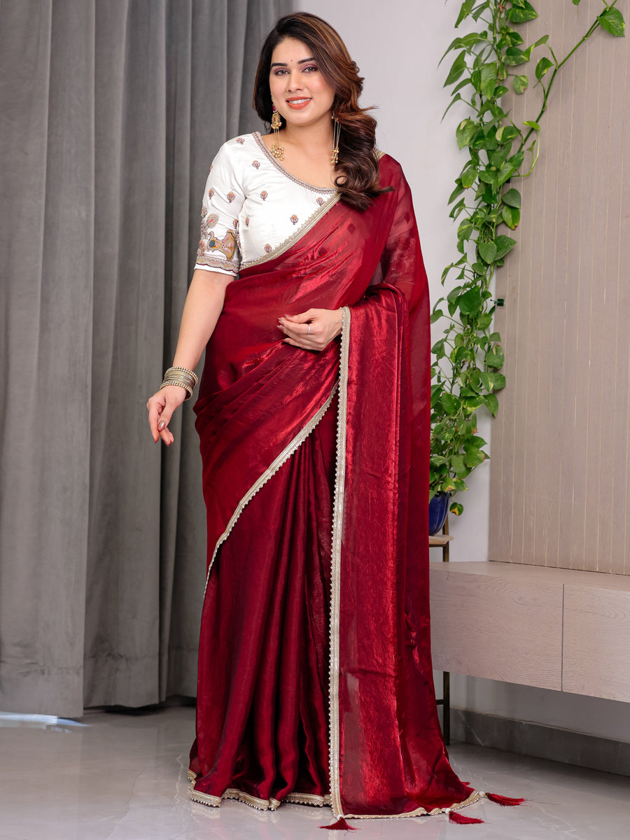 Wine Red Fendy Satin Saree with Pearl Lace Border & Tassel Pallu | Premium Shimmer Satin Saree with Heavy Embroidered Designer Peacock Blouse | Zari Floral Embroidery Blouse Saree for Wedding & Festive Wear