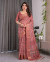 Rust Maroon Handloom Linen Saree with All-Over Floral Print & Ornate Traditional Pallu | Gold Zari Border & Tassel Finish | Attached Blouse | 5.5m Saree + 0.8m Blouse