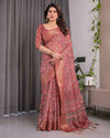 Rust Maroon Handloom Linen Saree with All-Over Floral Print & Ornate Traditional Pallu | Gold Zari Border & Tassel Finish | Attached Blouse | 5.5m Saree + 0.8m Blouse