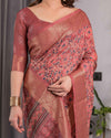 Rust Maroon Handloom Linen Saree with All-Over Floral Print & Ornate Traditional Pallu | Gold Zari Border & Tassel Finish | Attached Blouse | 5.5m Saree + 0.8m Blouse