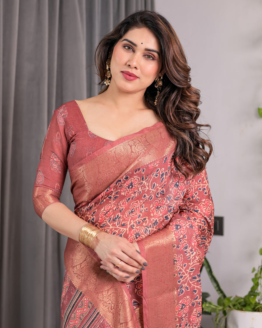 Multicolor Floral Linen Saree for Women | Traditional Indian Festive Wear – Ethnic Zari Accent