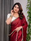 Wine Red Fendy Satin Saree with Pearl Lace Border & Tassel Pallu | Premium Shimmer Satin Saree with Heavy Embroidered Designer Peacock Blouse | Zari Floral Embroidery Blouse Saree for Wedding & Festive Wear