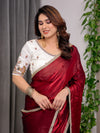 Wine Red Fendy Satin Saree with Pearl Lace Border & Tassel Pallu | Premium Shimmer Satin Saree with Heavy Embroidered Designer Peacock Blouse | Zari Floral Embroidery Blouse Saree for Wedding & Festive Wear