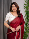 Wine Red Fendy Satin Saree with Pearl Lace Border & Tassel Pallu | Premium Shimmer Satin Saree with Heavy Embroidered Designer Peacock Blouse | Zari Floral Embroidery Blouse Saree for Wedding & Festive Wear