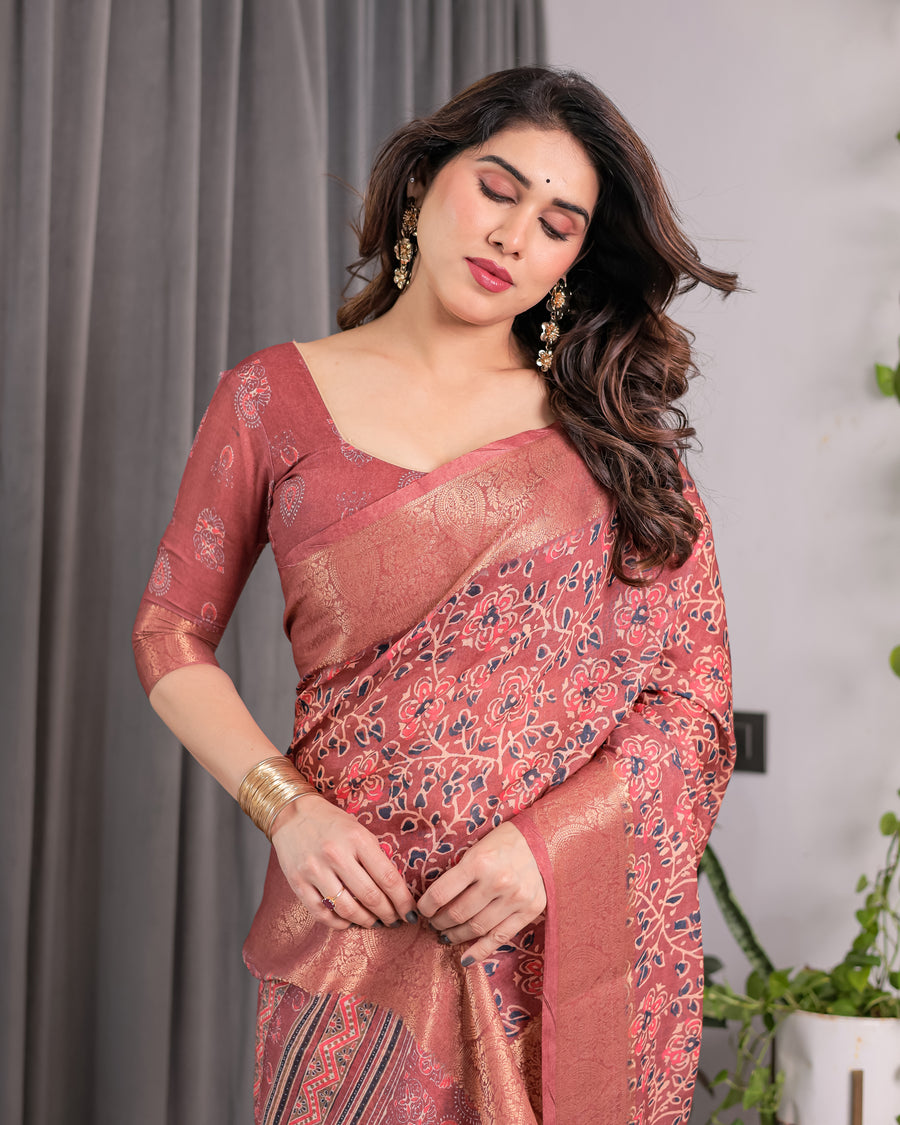 Multicolor Floral Linen Saree for Women | Traditional Indian Festive Wear – Ethnic Zari Accent