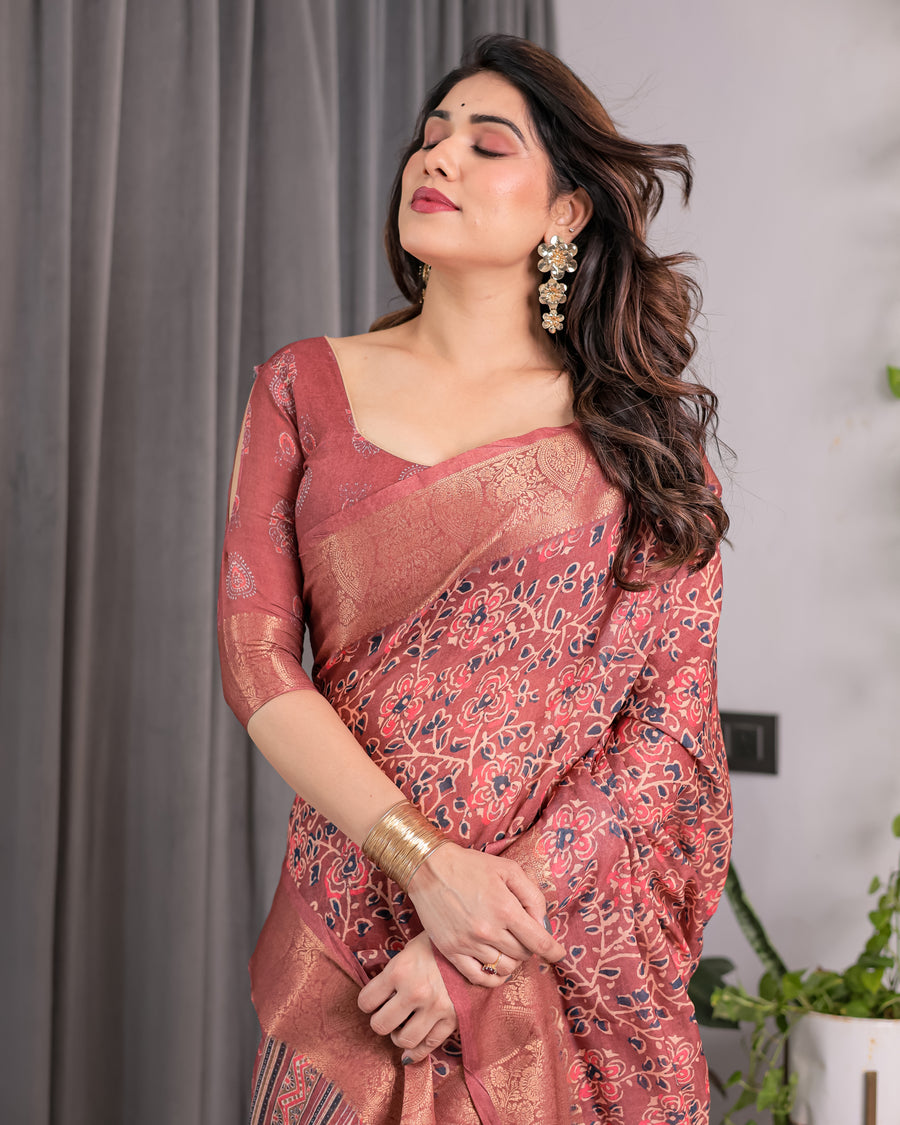 Multicolor Floral Linen Saree for Women | Traditional Indian Festive Wear – Ethnic Zari Accent