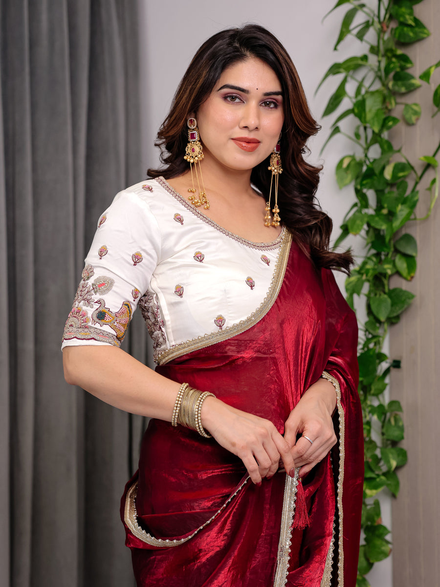 Wine Red Fendy Satin Saree with Pearl Lace Border & Tassel Pallu | Premium Shimmer Satin Saree with Heavy Embroidered Designer Peacock Blouse | Zari Floral Embroidery Blouse Saree for Wedding & Festive Wear