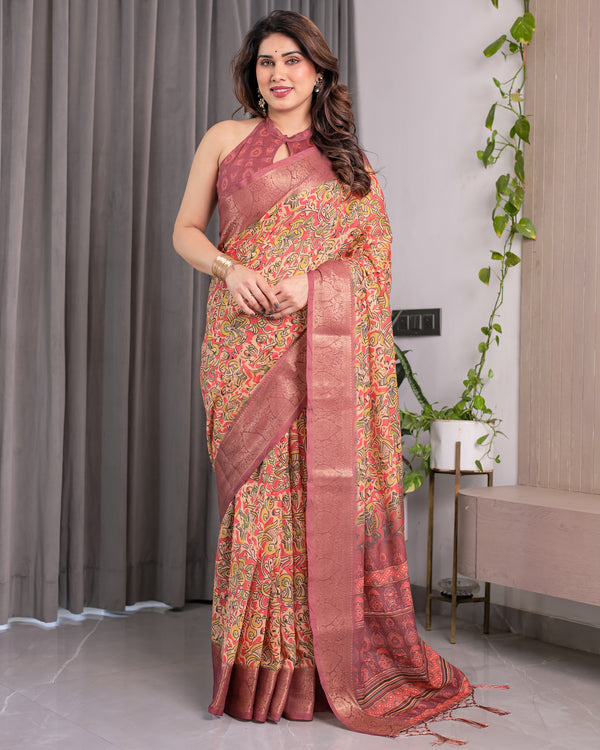 Multicolor Floral Linen Saree for Women | Traditional Indian Festive Wear – Lively Festive Drape