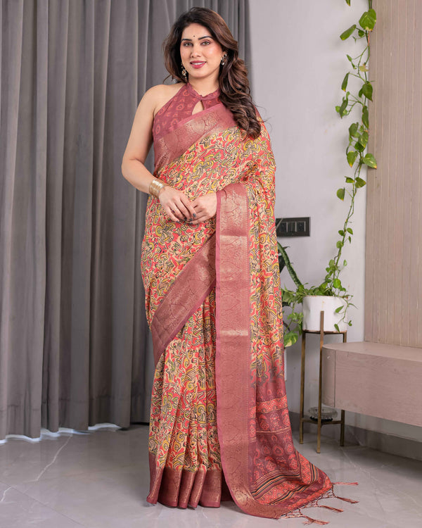 Multicolor Paisley Print Handloom Linen Saree with Traditional Rust Red Pallu & Gold Zari Border | Tassel Edging | Attached Blouse | 5.5m Saree + 0.8m Blouse
