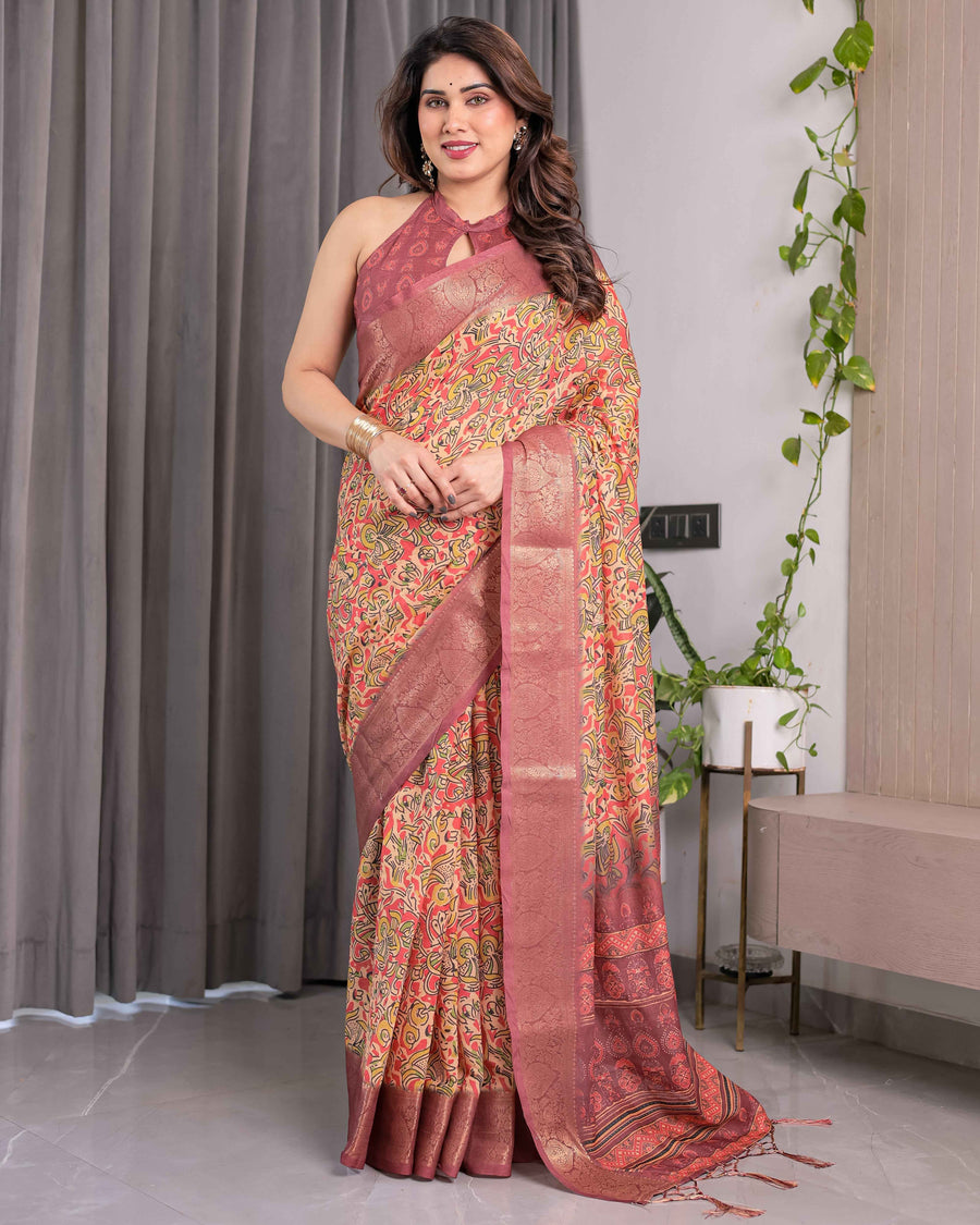Multicolor Paisley Print Handloom Linen Saree with Traditional Rust Red Pallu & Gold Zari Border | Tassel Edging | Attached Blouse | 5.5m Saree + 0.8m Blouse
