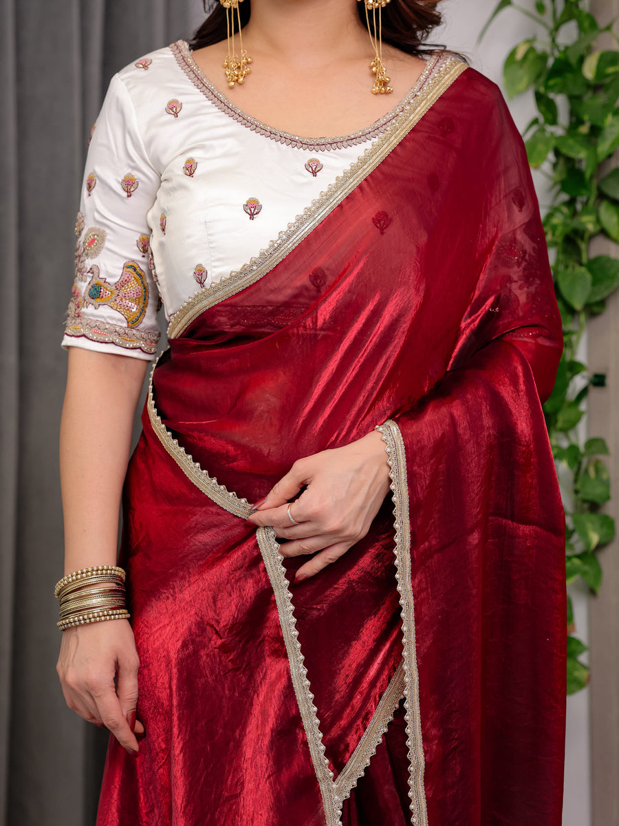 Wine Red Fendy Satin Saree with Pearl Lace Border & Tassel Pallu | Premium Shimmer Satin Saree with Heavy Embroidered Designer Peacock Blouse | Zari Floral Embroidery Blouse Saree for Wedding & Festive Wear