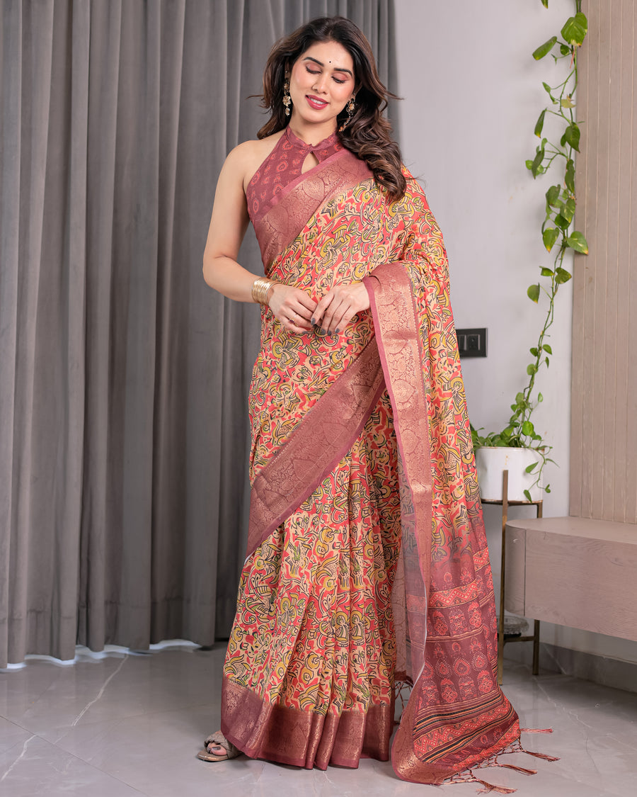 Multicolor Floral Linen Saree for Women | Traditional Indian Festive Wear – Lively Festive Drape