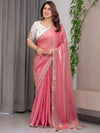 Blush Pink Fendy Satin Saree with Pearl Lace Border & Tassel Pallu | Designer Shimmer Satin Saree with Heavy Embroidered Floral Blouse | Zari Threadwork Designer Blouse Festive Saree