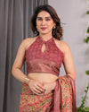 Multicolor Paisley Print Handloom Linen Saree with Traditional Rust Red Pallu & Gold Zari Border | Tassel Edging | Attached Blouse | 5.5m Saree + 0.8m Blouse