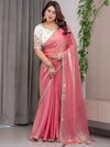 Blush Pink Fendy Satin Saree with Pearl Lace Border & Tassel Pallu | Designer Shimmer Satin Saree with Heavy Embroidered Floral Blouse | Zari Threadwork Designer Blouse Festive Saree