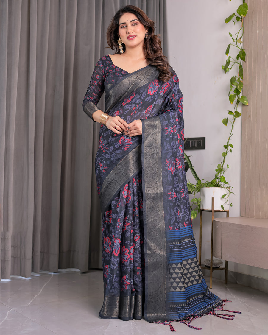 Multicolor Floral Linen Saree for Women | Traditional Indian Festive Wear – Boho Ethnic Drape