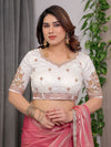 Blush Pink Fendy Satin Saree with Pearl Lace Border & Tassel Pallu | Designer Shimmer Satin Saree with Heavy Embroidered Floral Blouse | Zari Threadwork Designer Blouse Festive Saree
