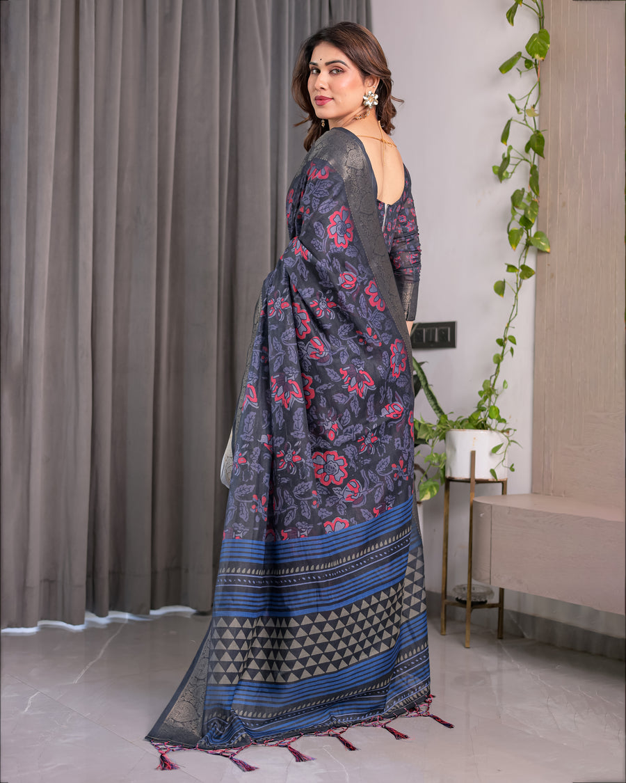 Multicolor Floral Linen Saree for Women | Traditional Indian Festive Wear – Boho Ethnic Drape