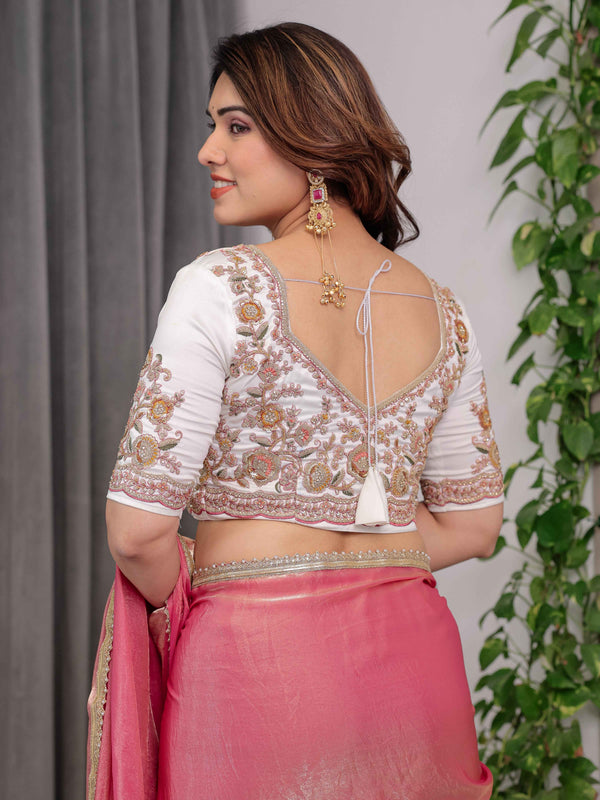 Blush Pink Fendy Satin Saree with Pearl Lace Border & Tassel Pallu | Designer Shimmer Satin Saree with Heavy Embroidered Floral Blouse | Zari Threadwork Designer Blouse Festive Saree