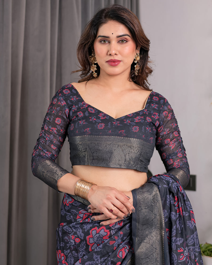 Multicolor Floral Linen Saree for Women | Traditional Indian Festive Wear – Boho Ethnic Drape