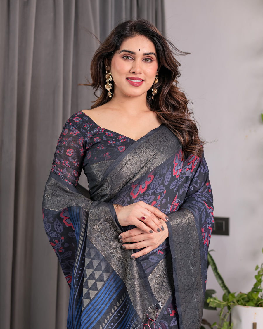 Multicolor Floral Linen Saree for Women | Traditional Indian Festive Wear – Boho Ethnic Drape