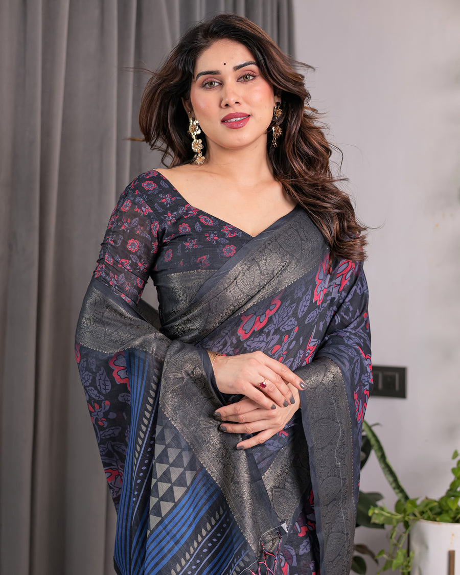 Multicolor Floral Linen Saree for Women | Traditional Indian Festive Wear – Boho Ethnic Drape