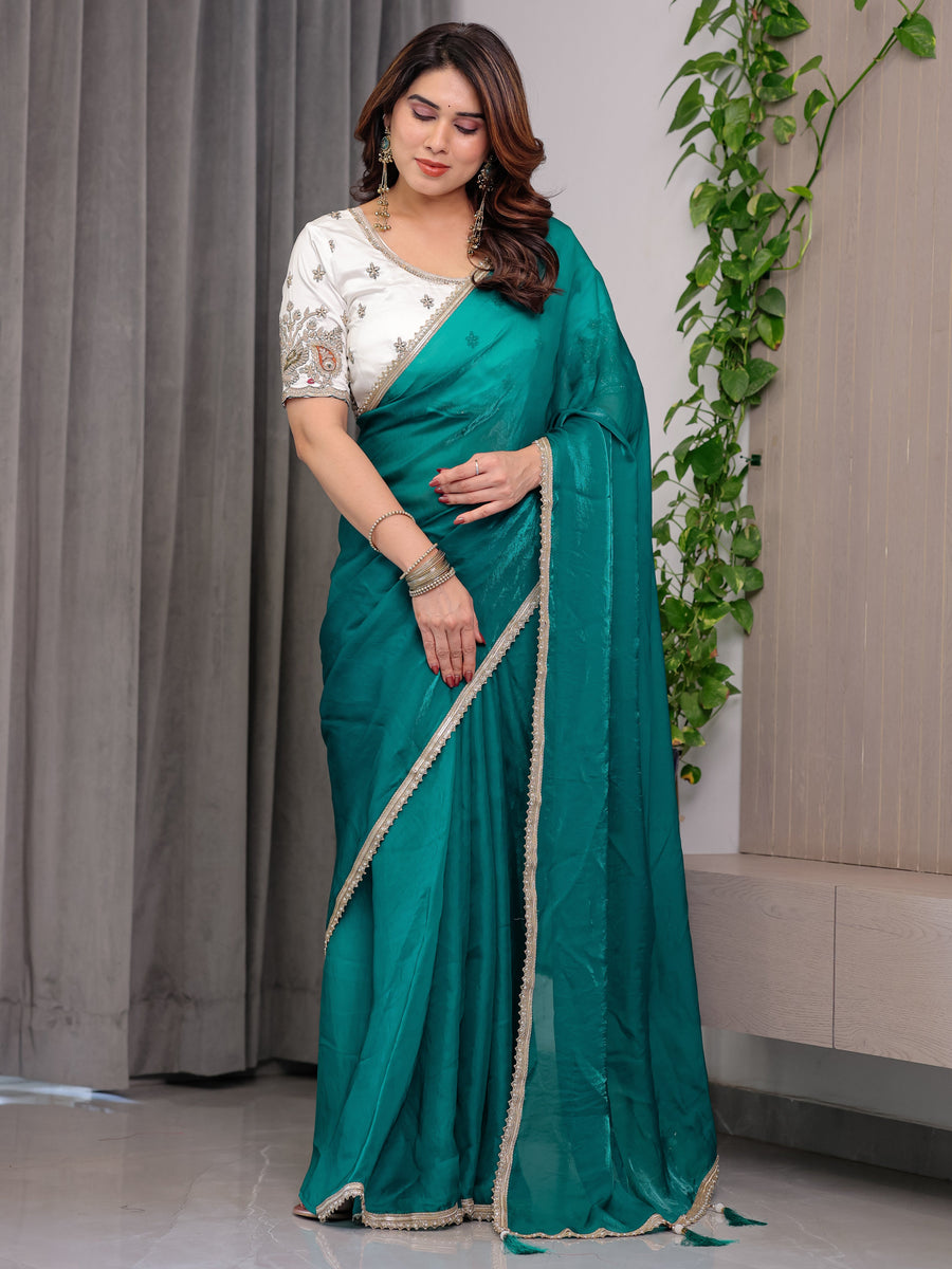 Emerald Green Fendy Satin Saree with Pearl Lace Border & Tassel Pallu | Premium Shimmer Satin Saree with Heavy Embroidered Designer Blouse | Zari Floral & Peacock Embroidery Blouse Festive Saree