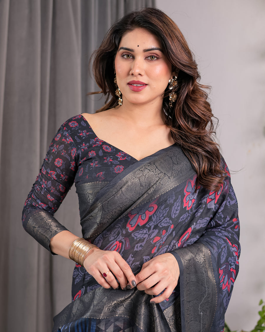 Multicolor Floral Linen Saree for Women | Traditional Indian Festive Wear – Boho Ethnic Drape