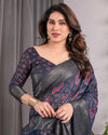 Navy Blue Handloom Linen Saree with Red Floral Print & Geometric Patterned Pallu | Antique Zari Border & Tassels | Attached Blouse | 5.5m Saree + 0.8m Blouse