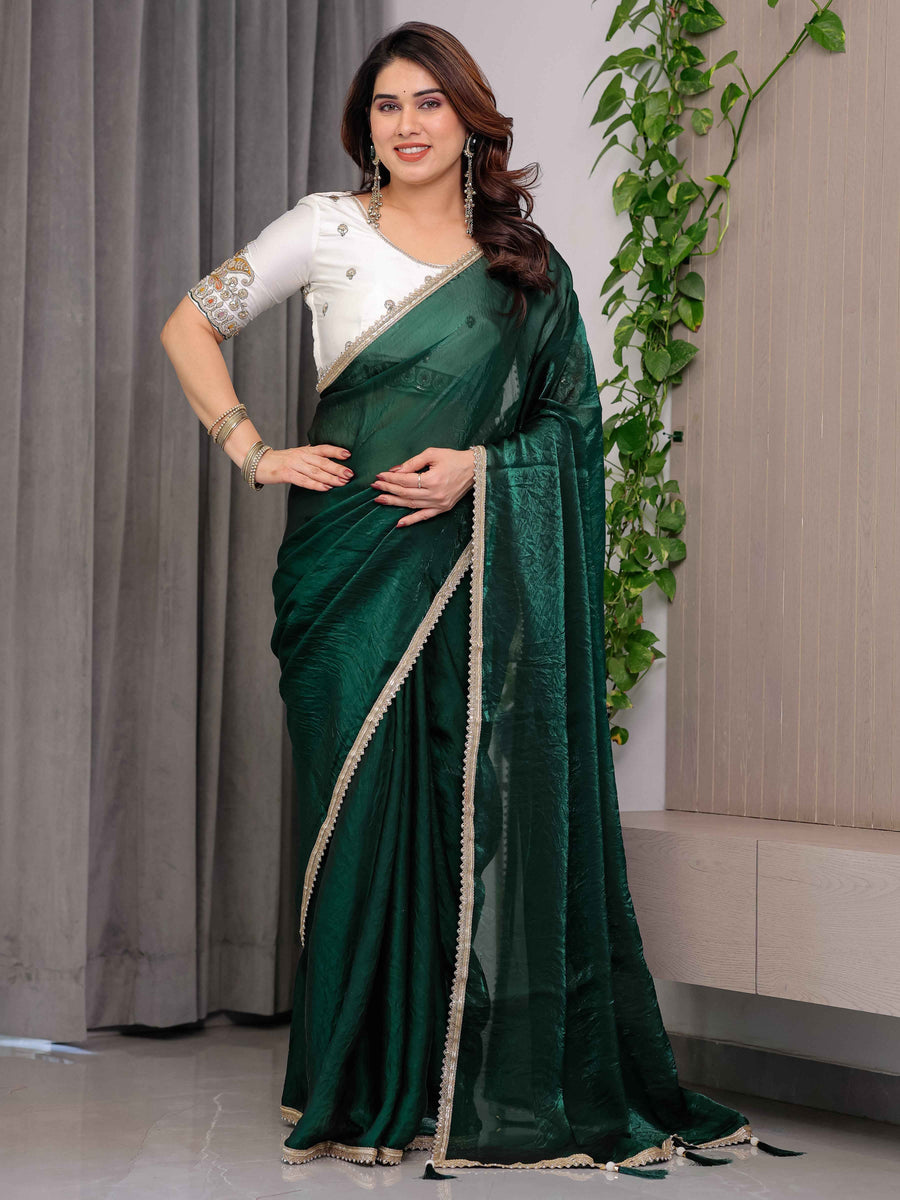 Emerald Bottle Green Fendy Satin Saree with Pearl Lace Border & Tassel Pallu | Premium Shimmer Satin Saree with Heavy Embroidered Designer Blouse | Zari Floral Paisley Embroidery Blouse Festive Saree