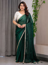 Emerald Bottle Green Fendy Satin Saree with Pearl Lace Border & Tassel Pallu | Premium Shimmer Satin Saree with Heavy Embroidered Designer Blouse | Zari Floral Paisley Embroidery Blouse Festive Saree