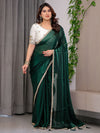Emerald Bottle Green Fendy Satin Saree with Pearl Lace Border & Tassel Pallu | Premium Shimmer Satin Saree with Heavy Embroidered Designer Blouse | Zari Floral Paisley Embroidery Blouse Festive Saree