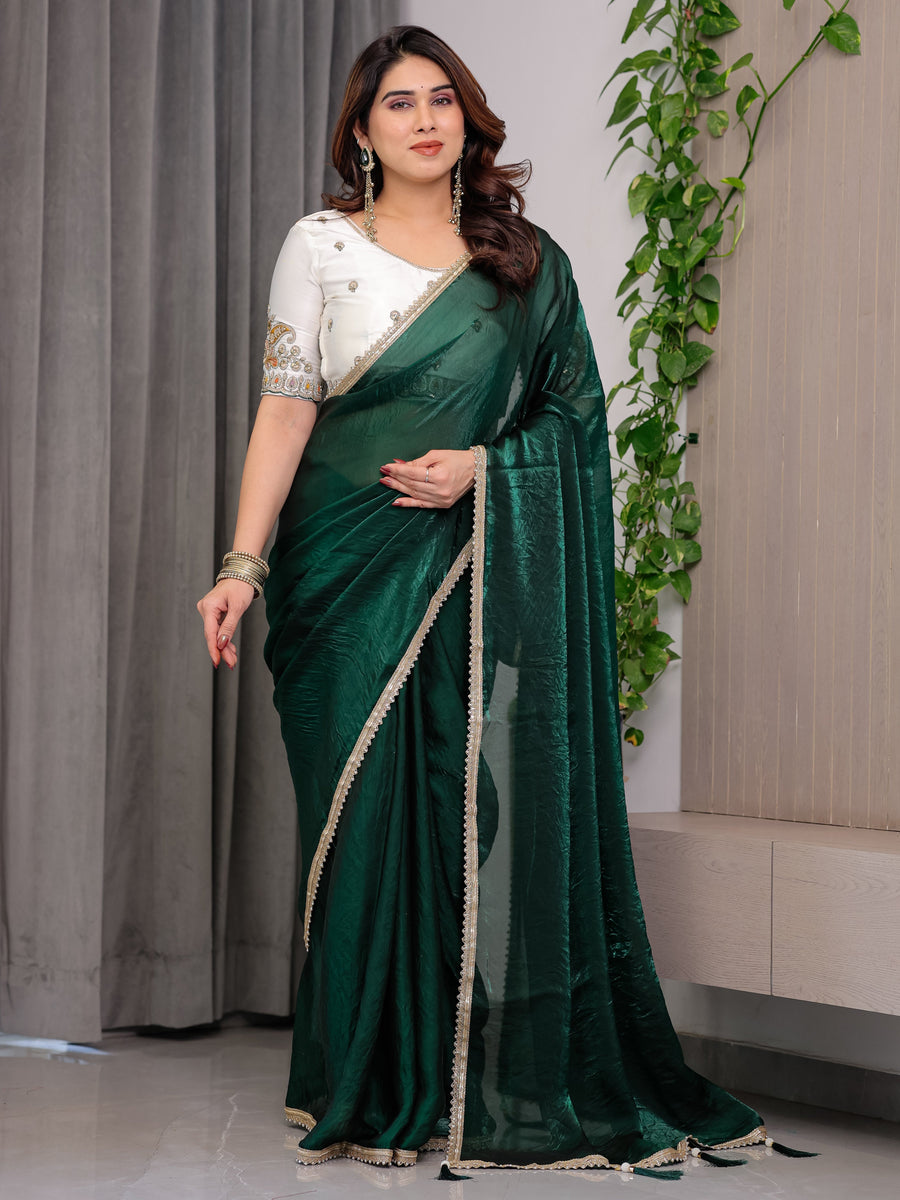 Emerald Bottle Green Fendy Satin Saree with Pearl Lace Border & Tassel Pallu | Premium Shimmer Satin Saree with Heavy Embroidered Designer Blouse | Zari Floral Paisley Embroidery Blouse Festive Saree