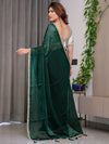 Emerald Bottle Green Fendy Satin Saree with Pearl Lace Border & Tassel Pallu | Premium Shimmer Satin Saree with Heavy Embroidered Designer Blouse | Zari Floral Paisley Embroidery Blouse Festive Saree